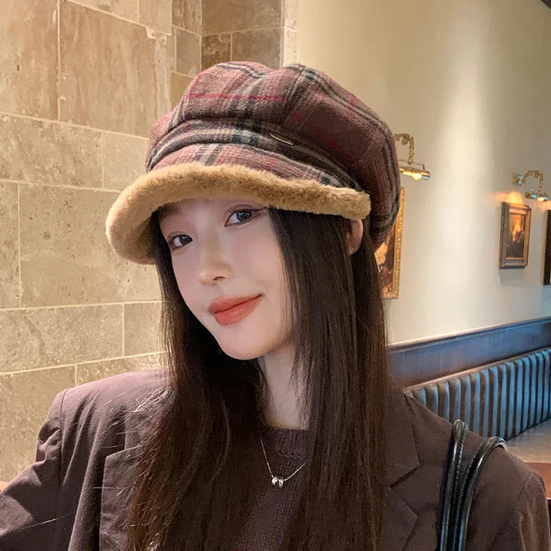 Elegant angled view of the luxury women's vintage plaid octagonal plush hat against a minimalistic backdrop.