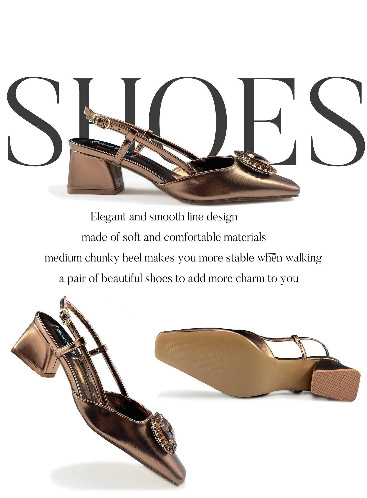 Fashionable image of high heel coffee pumps with square heel, ideal for women's elegant attire during parties.