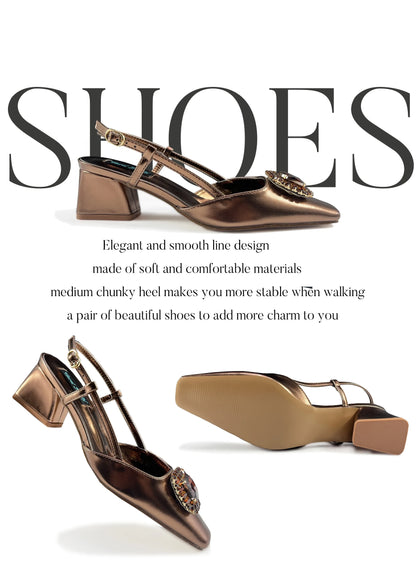 Fashionable image of high heel coffee pumps with square heel, ideal for women's elegant attire during parties.