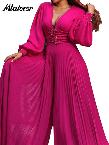 Full-length view of the Mlaiscsr elegant party jumpsuit, crafted from fine polyester with a chic loose fit and wide leg cut for a refined silhouette.