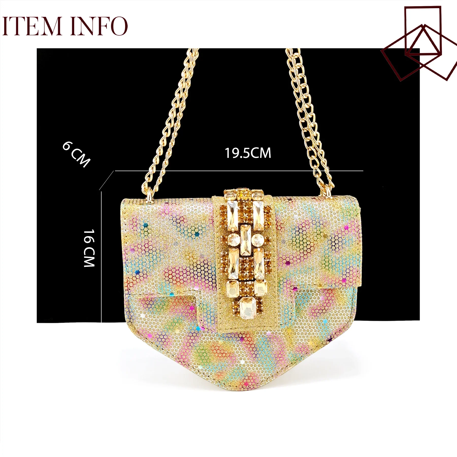 Stylish gold Italian handbag from QSGFC, beautifully matching with high heel pumps, designed for women, ideal for special occasions.