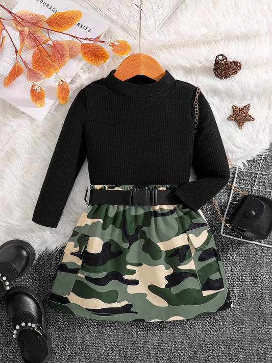 Stylish 2-piece autumn set for girls featuring a black long-sleeved round neck top paired with a chic camouflage skirt from Hot Trends Area.