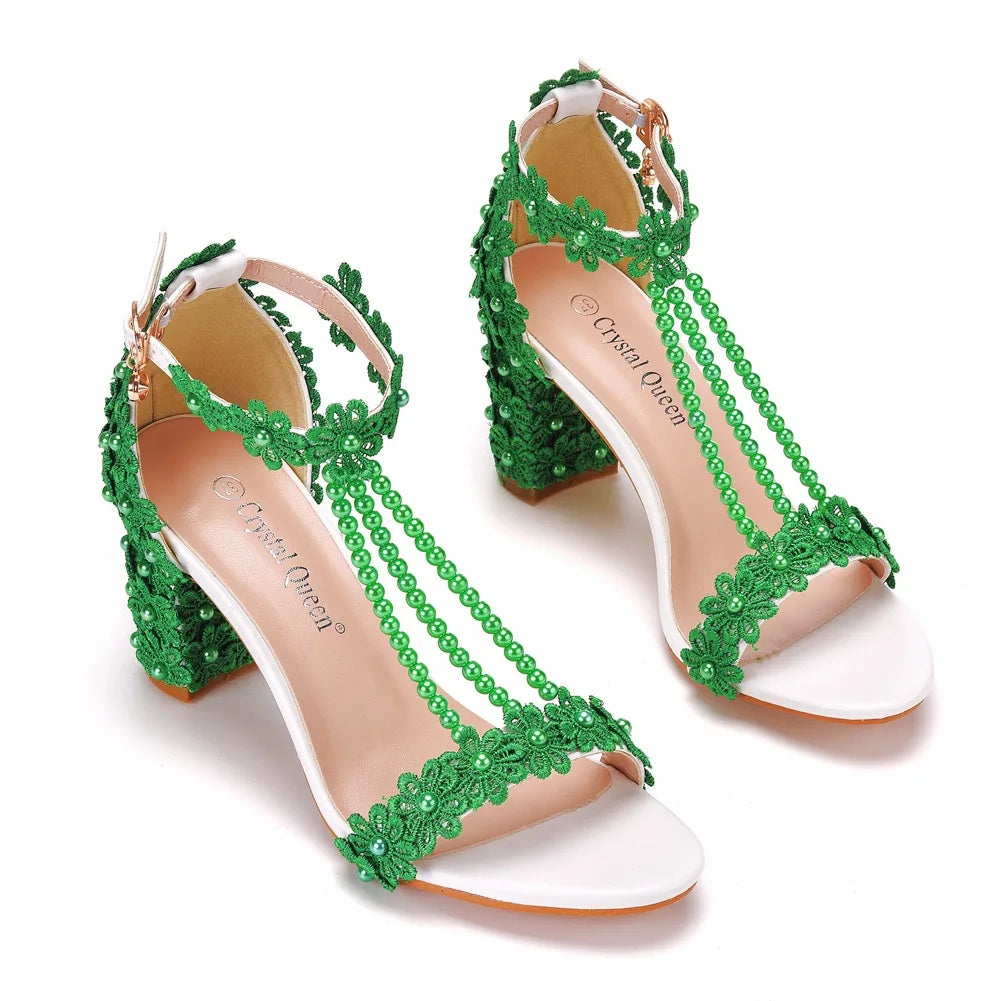 Elegant luxury plus size women's high heel gladiator sandals featuring exquisite lace flowers and beads, perfect for formal occasions.