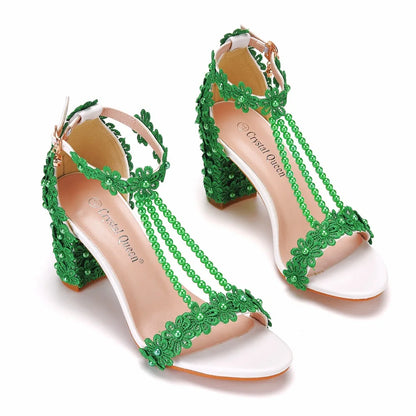 Elegant luxury plus size women's high heel gladiator sandals featuring exquisite lace flowers and beads, perfect for formal occasions.