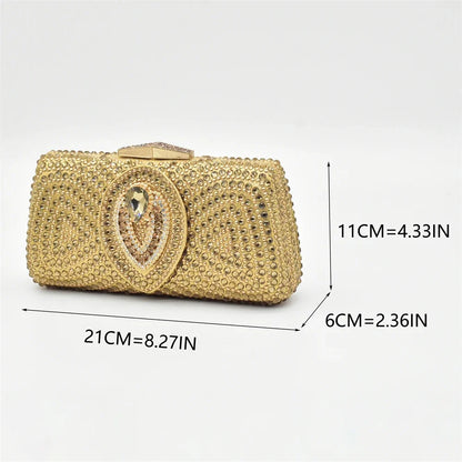 Luxurious Italian ladies' rhinestone decorated shoe and bag set, showcasing high heels with a square heel design, ideal for elegant parties and weddings, offered in multiple chic colours.