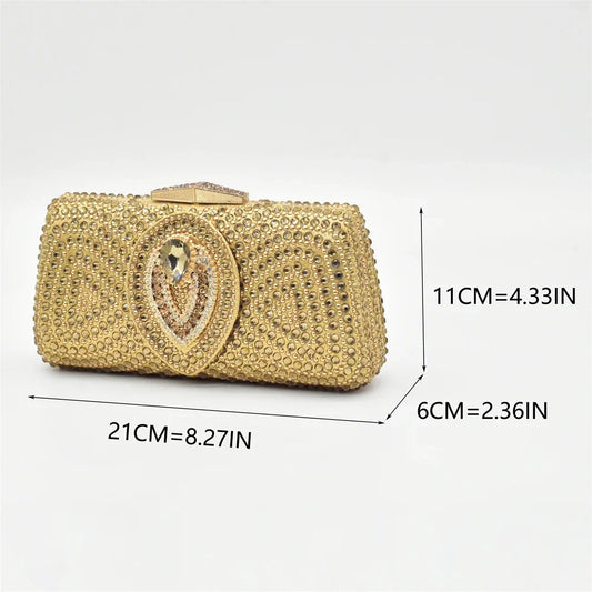 Luxurious Italian ladies' rhinestone decorated shoe and bag set, showcasing high heels with a square heel design, ideal for elegant parties and weddings, offered in multiple chic colours.