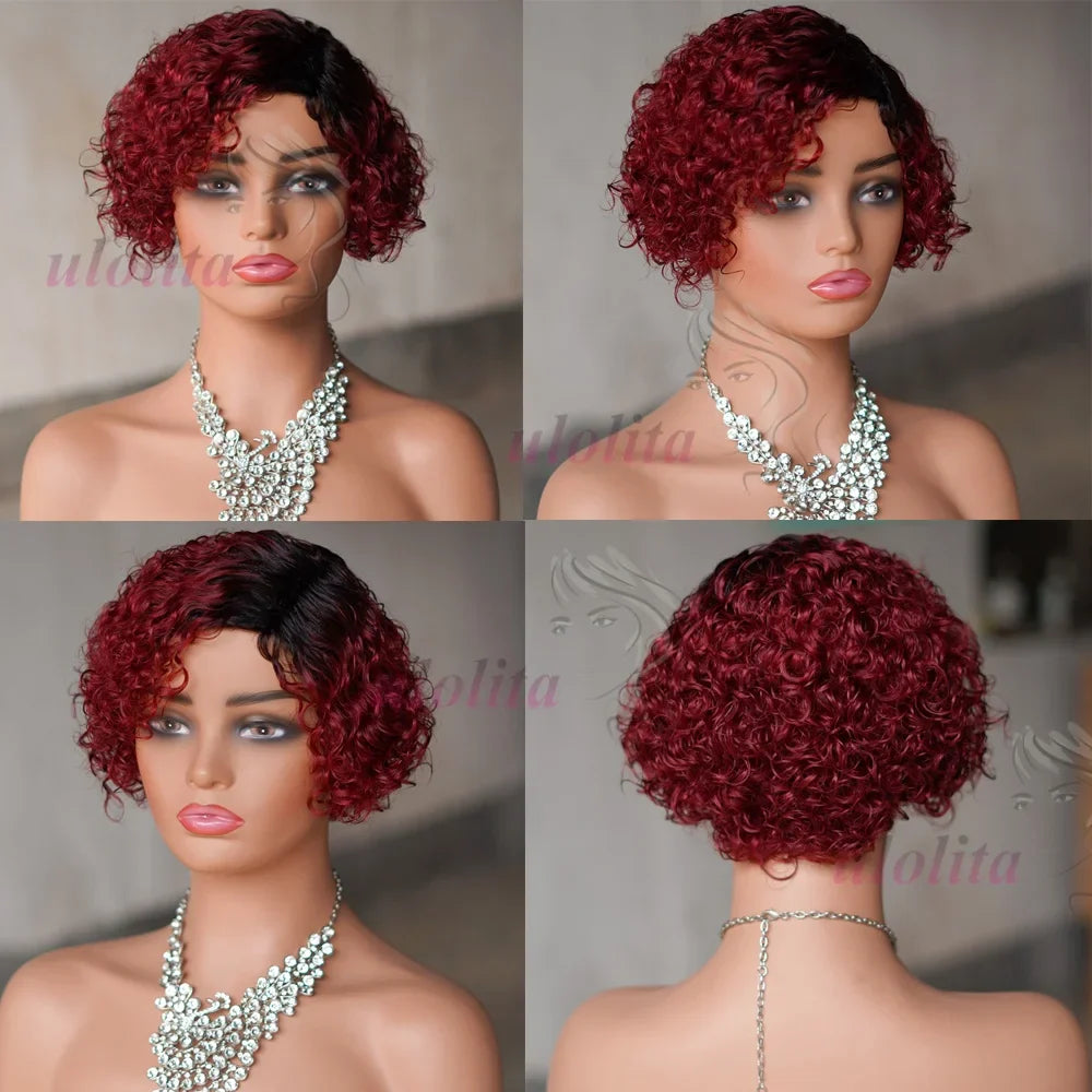 Close-up of the Ombre Blonde T1B27 Pixie Cut Curly Bob Wig highlighting the finely crafted 100% Remy human hair and intricate curly texture for a luxurious style.