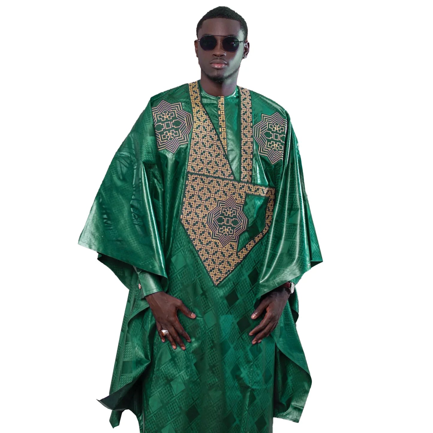Elegant three-piece traditional African bazin riche clothing set for men, featuring intricate embroidery on long sleeves, made from high-quality cotton, perfect for luxury occasions.