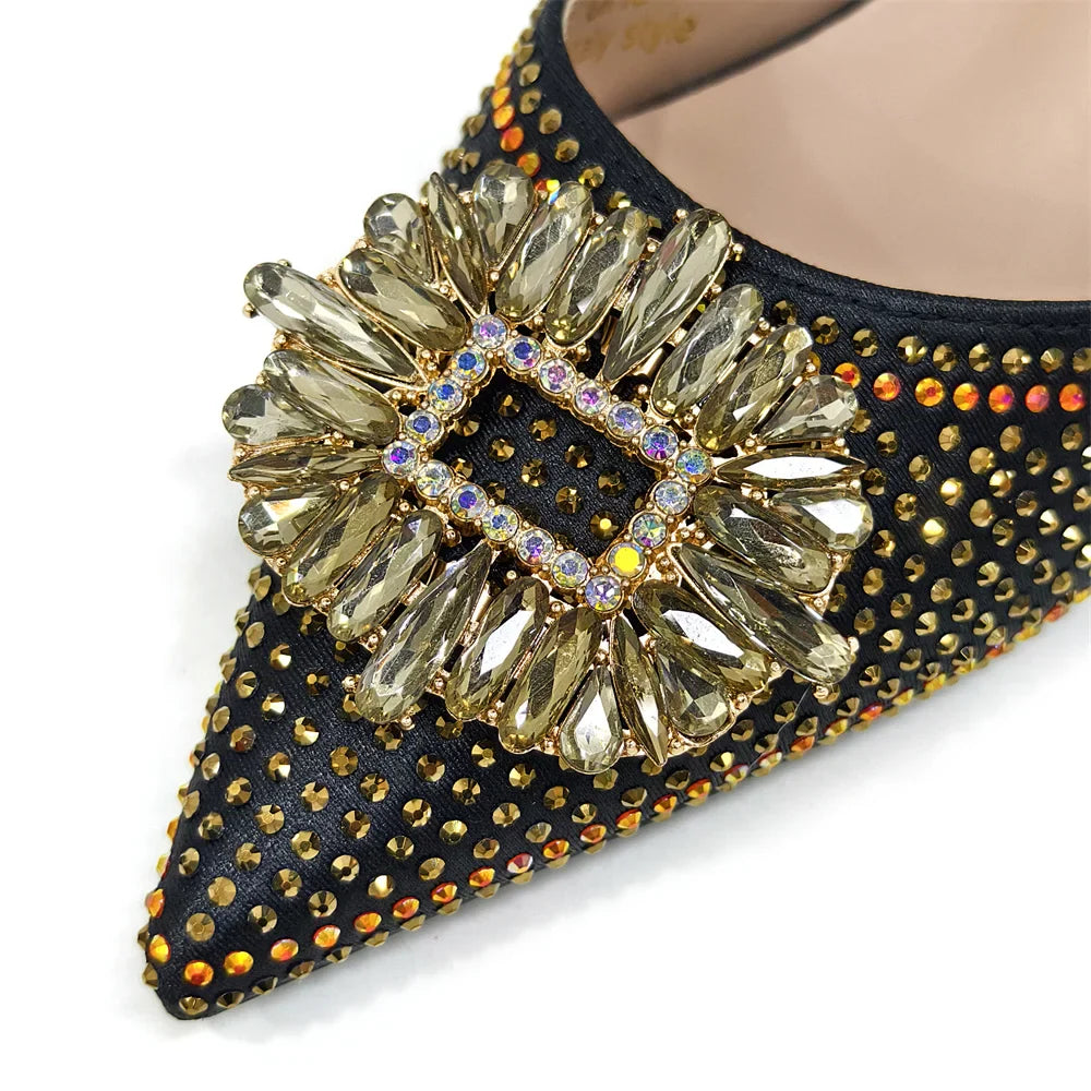 Display of women's party shoes and handbag set, showcasing premium craftsmanship and luxurious design elements for formal events.