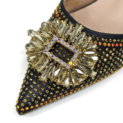 Display of women's party shoes and handbag set, showcasing premium craftsmanship and luxurious design elements for formal events.