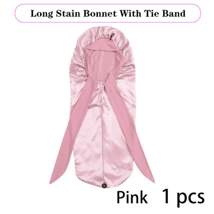 Elegant long satin sleep cap in various colours, perfect for protecting and maintaining long hairstyles while sleeping.