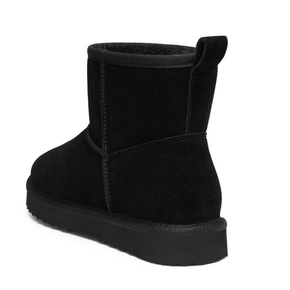 Elegantly designed women's plush suede ankle snow boots, perfect for winter with a luxurious slip-on design.