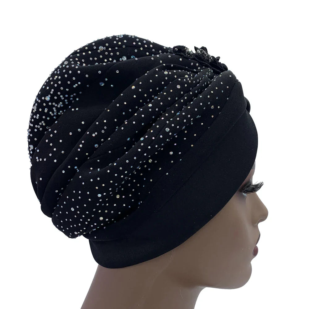 Elegant African turban cap featuring shimmering rhinestone accents, perfect for stylish women seeking luxury head wraps - size 56-58cm.