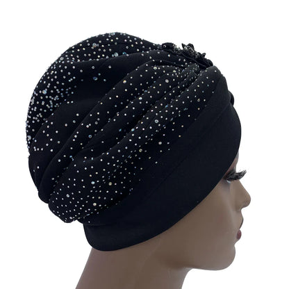 Elegant African turban cap featuring shimmering rhinestone accents, perfect for stylish women seeking luxury head wraps - size 56-58cm.