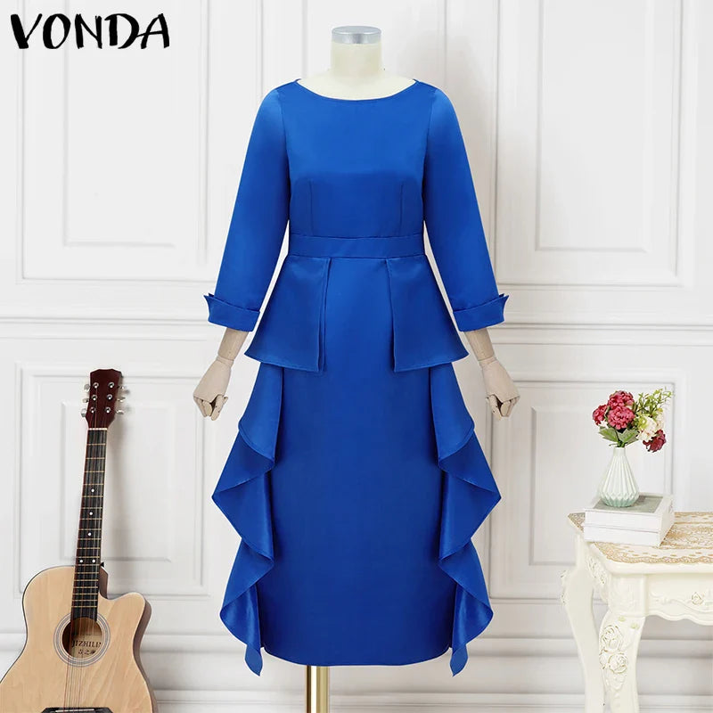 VONDA Satin Ruffle Sundress for Women, a luxurious plus size bohemian maxi dress, ideal for beach outings and casual streetwear.