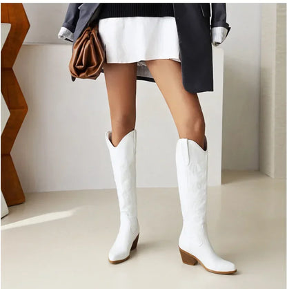 Versatile brown pointed toe knee-high boots, ideal for women seeking a blend of elegance and casual western flair in their footwear.