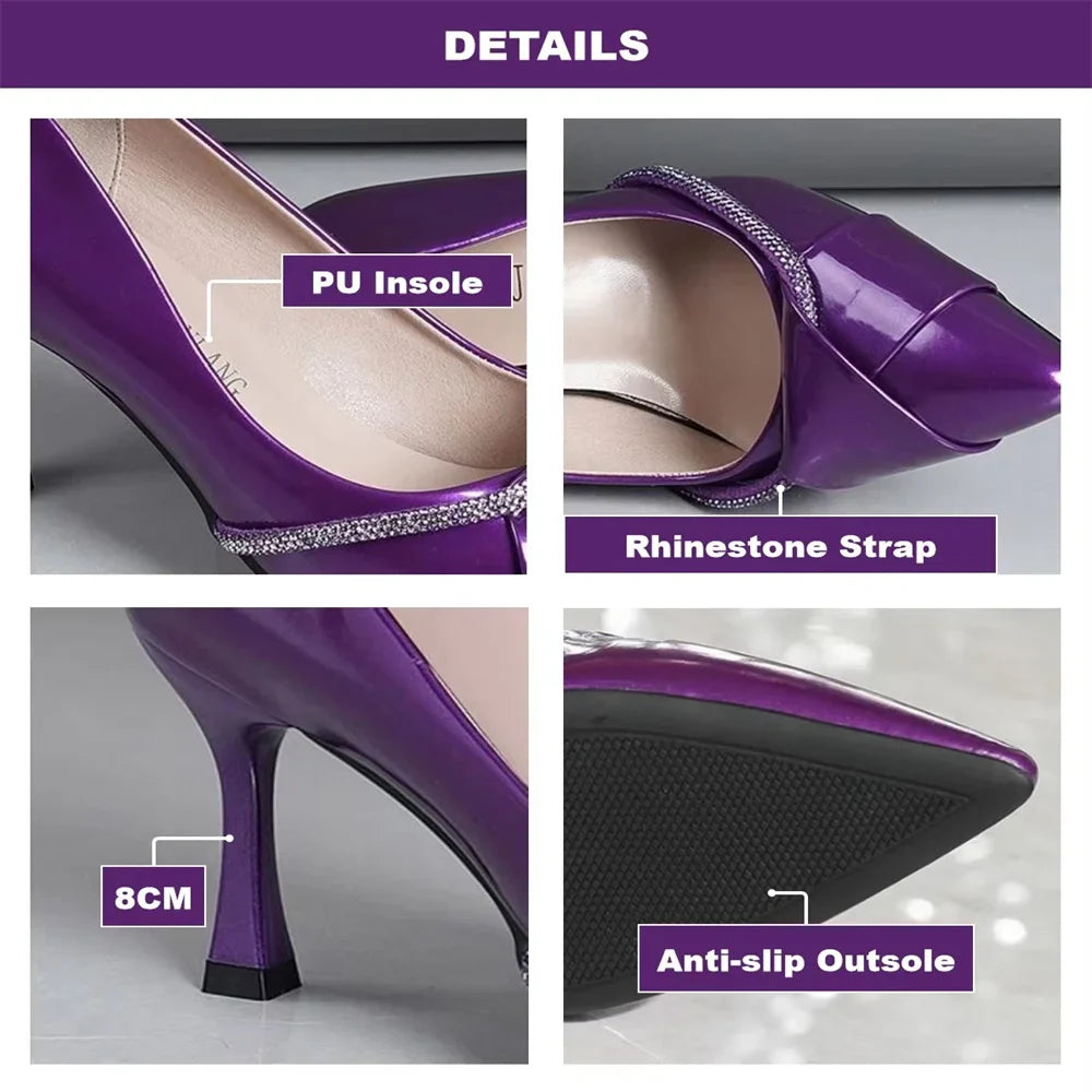 Chic view of high heel purple pumps with thin heels and delicate rhinestone strap, ideal for creating a standout casual or wedding outfit.
