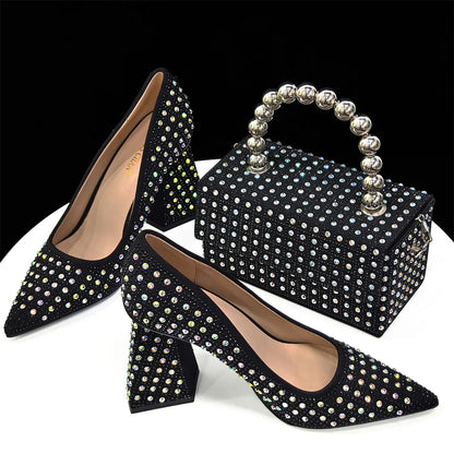 Chic Venus Chan matching bag, designed to complement yellow rhinestone high heel shoes for a refined women's party ensemble.