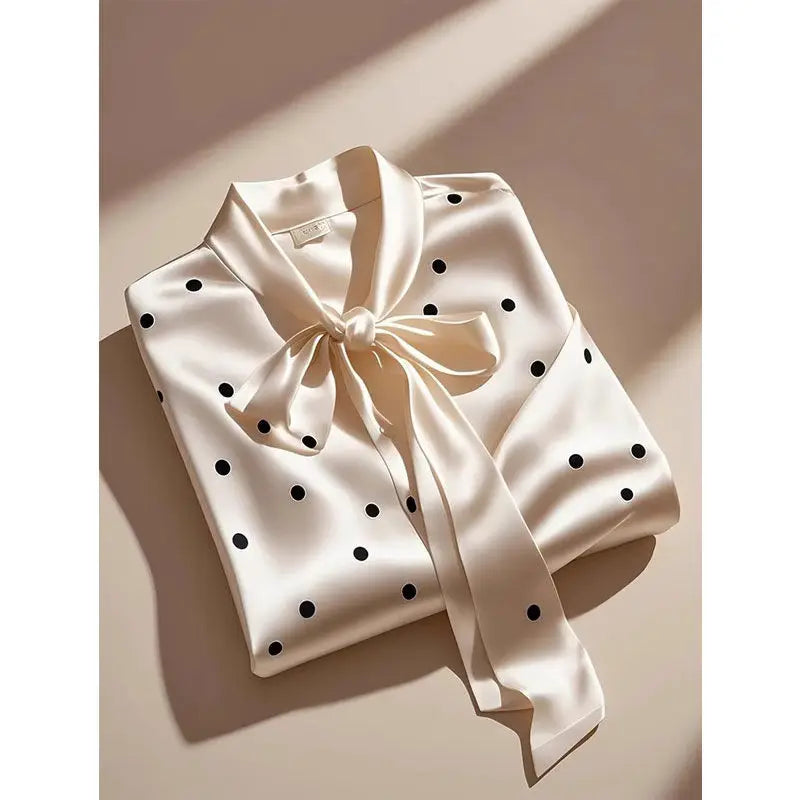 Elegant women's satin polka dot blouse featuring a chic lace-up bow design, perfect for sophisticated office wear.