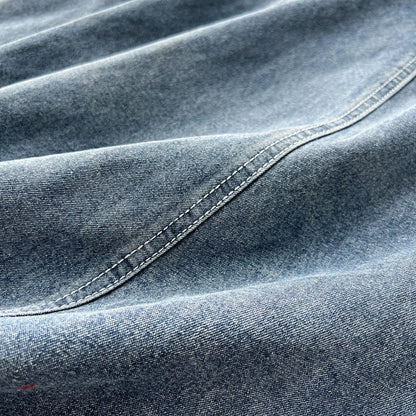 Elegant WTHT Women's Ruffled Edge Sleeveless Denim Long Dress featuring an O-Neck and graceful pleated mid-calf style, perfect for casual autumn occasions.