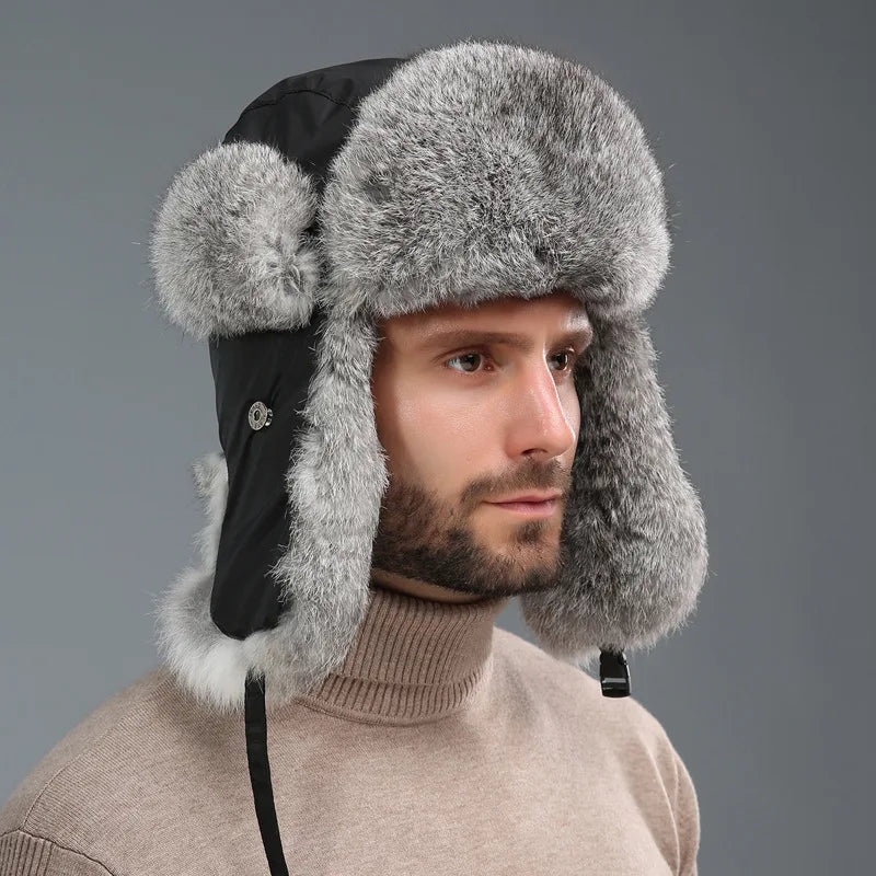 Fashion-forward unisex bomber hat made from soft faux fur, ideal for cold weather and outdoor elegance.