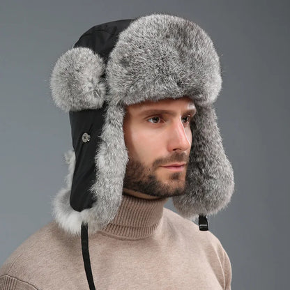 Fashion-forward unisex bomber hat made from soft faux fur, ideal for cold weather and outdoor elegance.