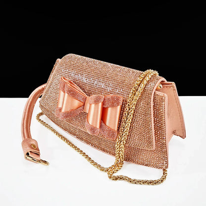 Stylish women's bag set in matching coffee shade, complete with long chain shoulder strap, designed to accompany rhinestone butterfly shoes for a sophisticated look.