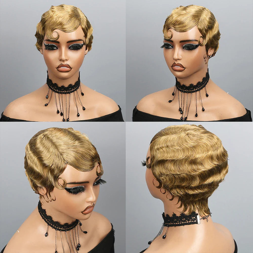 Close-up on the luscious texture of the finger wave pixie wig, demonstrating the richness of the 180% density and the vibrant curl pattern of Brazilian Remy hair.