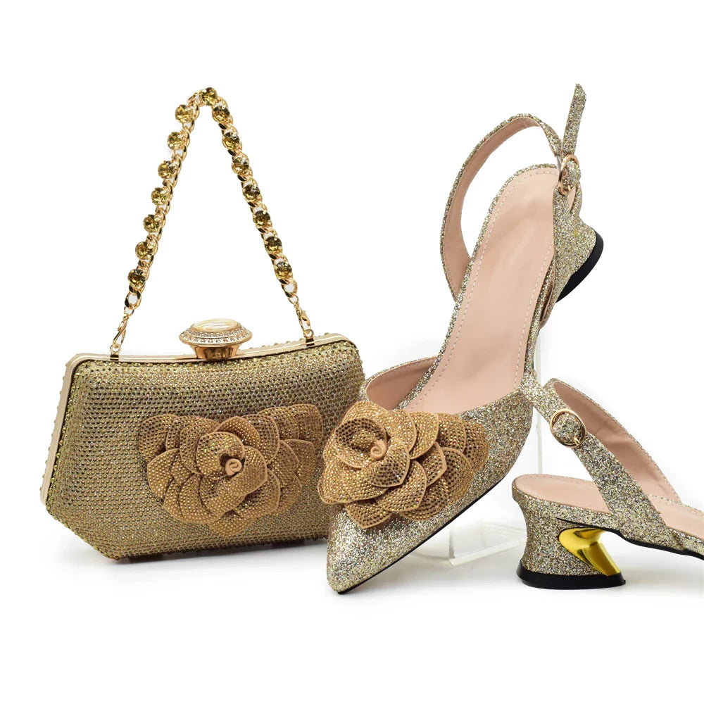 Close-up of luxurious rhinestone detailing on elegant Italian party pumps for women, with a matching handbag.