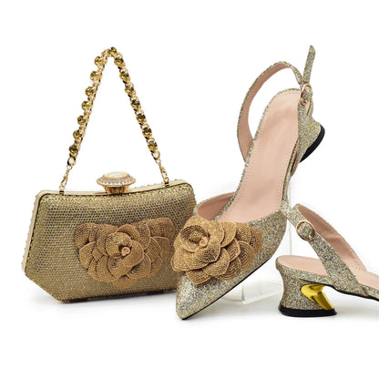 Close-up of luxurious rhinestone detailing on elegant Italian party pumps for women, with a matching handbag.