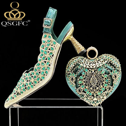 Stylish matching fuchsia handbag featuring a long chain shoulder strap, designed for pairing with QSGFC heel pumps, ideal for sophisticated occasions.