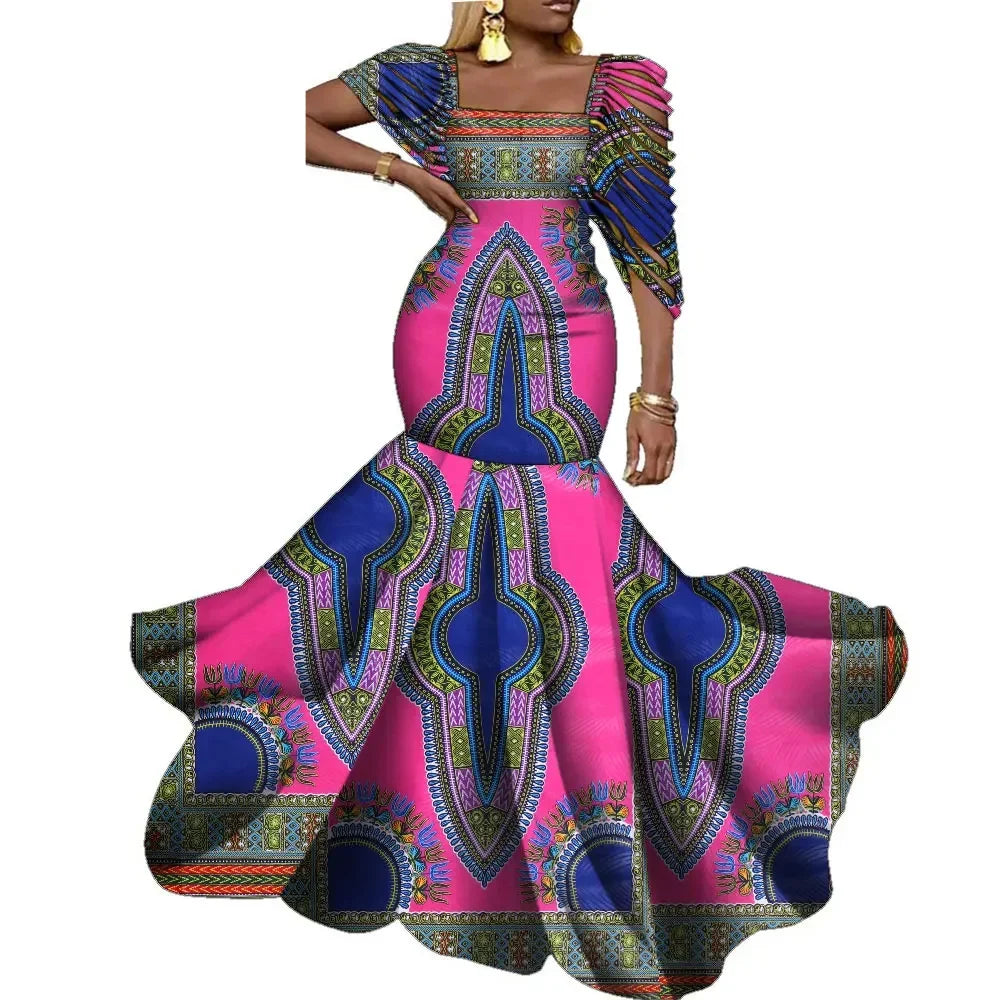 Plus size long African wax print dress, beautifully tailored for women, embracing traditional elegance.