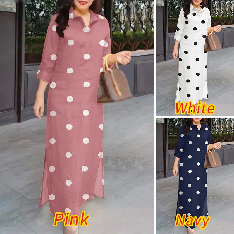 Chic and elegant women's sundress for summer, designed for plus sizes, showcasing a classic polka dot print and flattering loose silhouette.