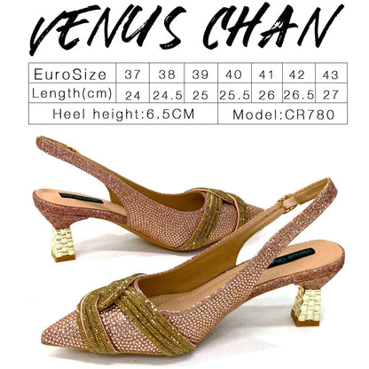 Close-up view of Venus Chan elegant champagne high heel party shoes, showcasing intricate rhinestone detailing and a sophisticated butterfly-knot fashion element.