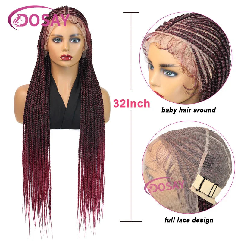 Sophisticated image of Swiss Lace 32" Full Lace Knotless Braided Wig, capturing the intricate knotless box braids and vivid black colour.