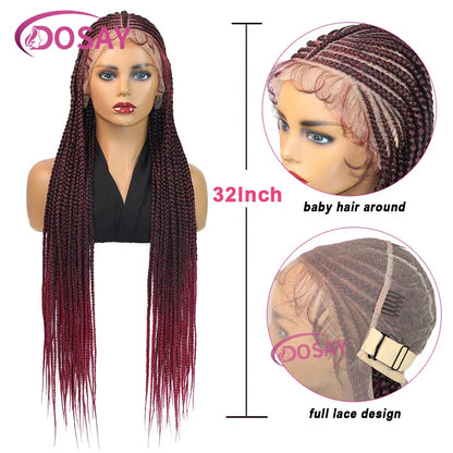 Sophisticated image of Swiss Lace 32" Full Lace Knotless Braided Wig, capturing the intricate knotless box braids and vivid black colour.