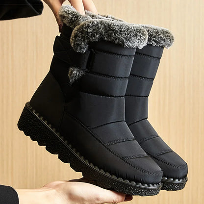 Exquisite luxury women's waterproof ankle snow boots featuring plush fur lining, designed for winter elegance. Available in low-heel wedge style, sizes 36-41.