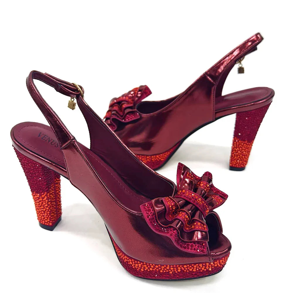 Close-up view of Venus Chan high-heeled pumps featuring peep-toe design and stunning diamond embellishments, perfect for upscale events and parties.