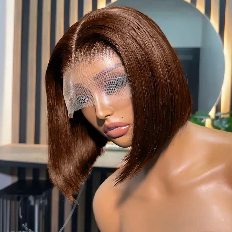 Luxury 250 Density Brazilian Short Bob Human Hair Wig in Chocolate Brown, featuring a 13x4 HD Transparent Lace Frontal for a natural look.