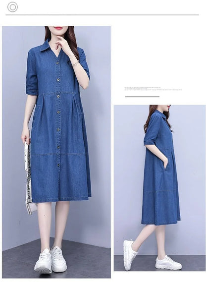 Elegant oversized 5XL denim dress with a flattering A-line silhouette and pockets, epitomising luxury and comfort for women of sophistication.