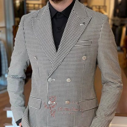 Elegant men's white vintage houndstooth jacket featuring a peak lapel and double-breasted design, perfect for weddings and formal parties.
