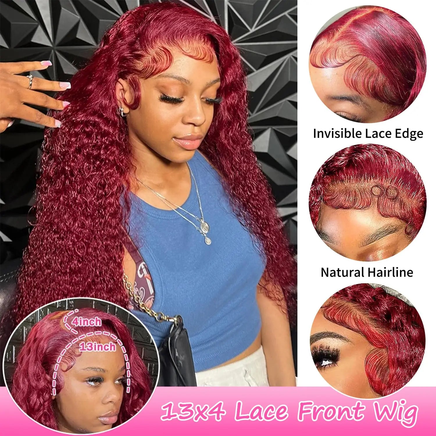 Detailed view of the transparent lace front on the 99J Burgundy Curly Wig, designed for seamless blending and elegance, enhancing your style effortlessly.