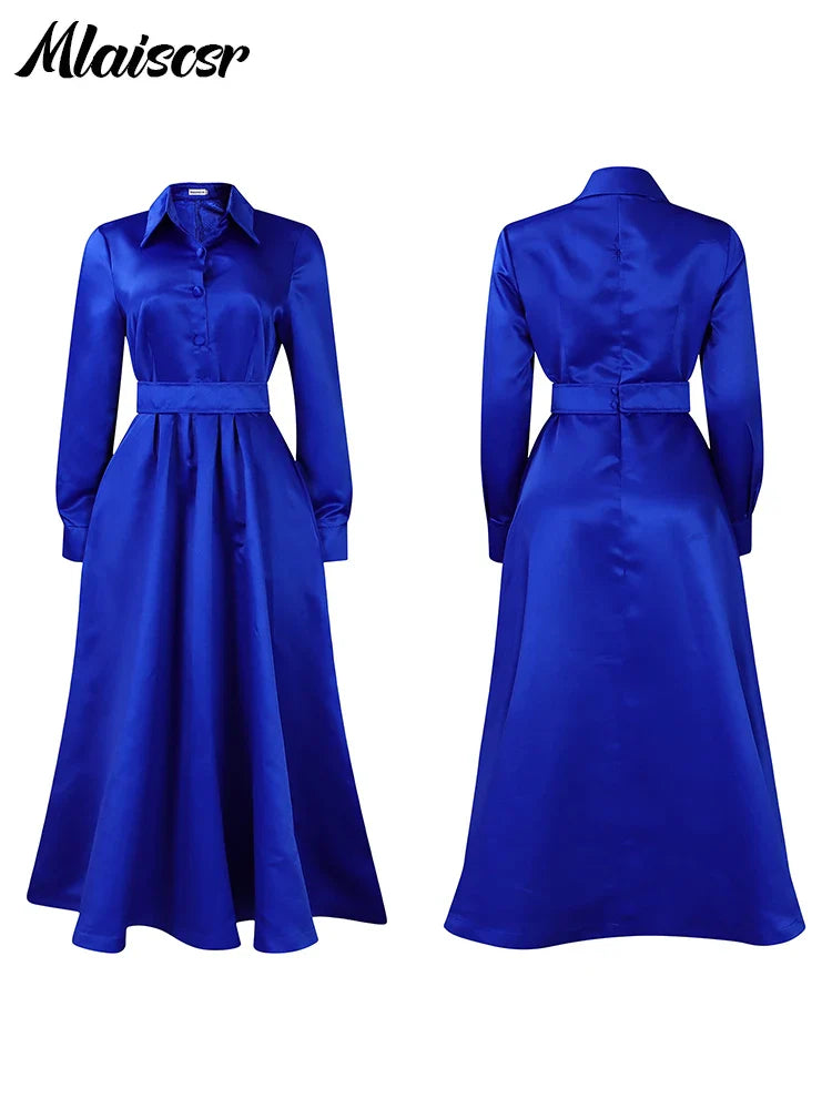 Elegant Mlaiscsr khaki midi dress for women, featuring long sleeves and an A-line silhouette, perfect for office wear, with pleats and pockets, showcasing luxury style in sizes S-XXXL.