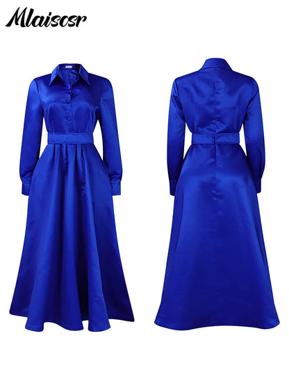 Elegant Mlaiscsr khaki midi dress for women, featuring long sleeves and an A-line silhouette, perfect for office wear, with pleats and pockets, showcasing luxury style in sizes S-XXXL.