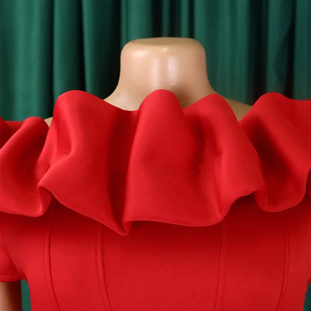 Model wearing a stunning floor-length off-shoulder mermaid dress with slight stretch, emphasizing a sensual silhouette and ideal for any formal occasion.