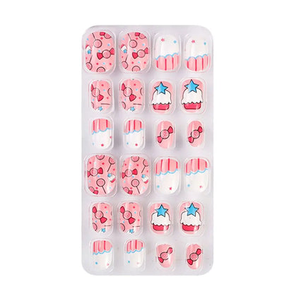 Chic collection of kids' acrylic press-on nails showcasing delightful candy flower designs, perfect for adding a touch of whimsy to any look.