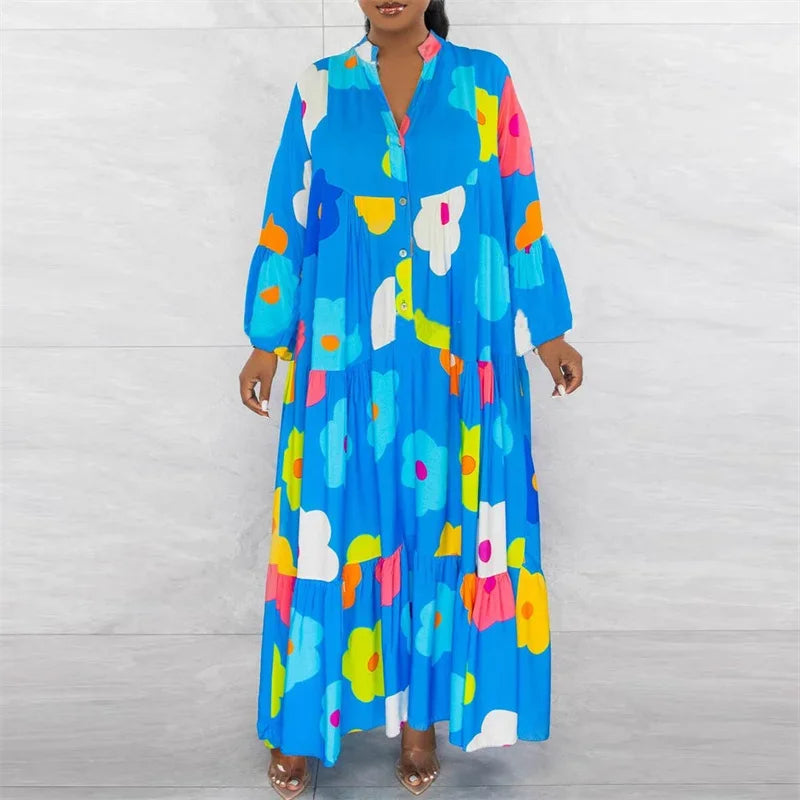 Chic polyester and spandex ankle-length shirt dress featuring a vibrant floral design, suitable for women seeking a blend of comfort and sophistication for any event.