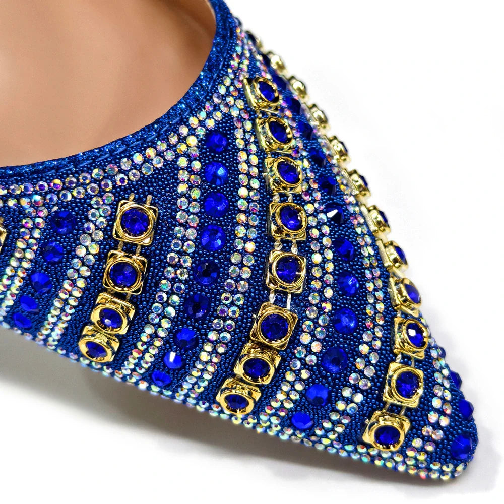 Chic and stylish summer slingback pumps featuring a high heel and exquisite bling details.