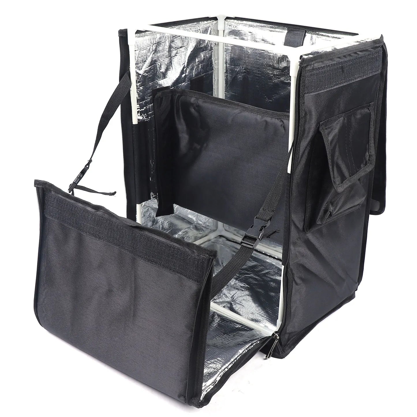 Stylish 42L pizza delivery backpack on display, illustrating its easy assembly features and versatility, perfect for gourmet picnics and catering events.