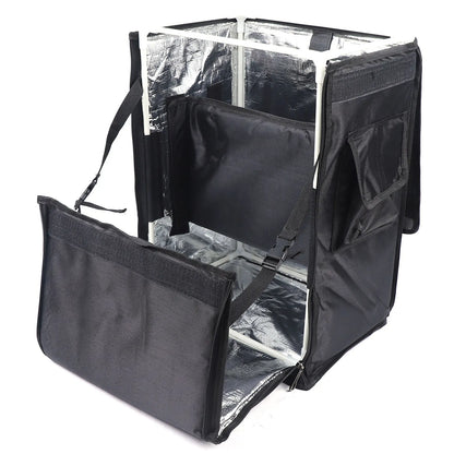 Stylish 42L pizza delivery backpack on display, illustrating its easy assembly features and versatility, perfect for gourmet picnics and catering events.